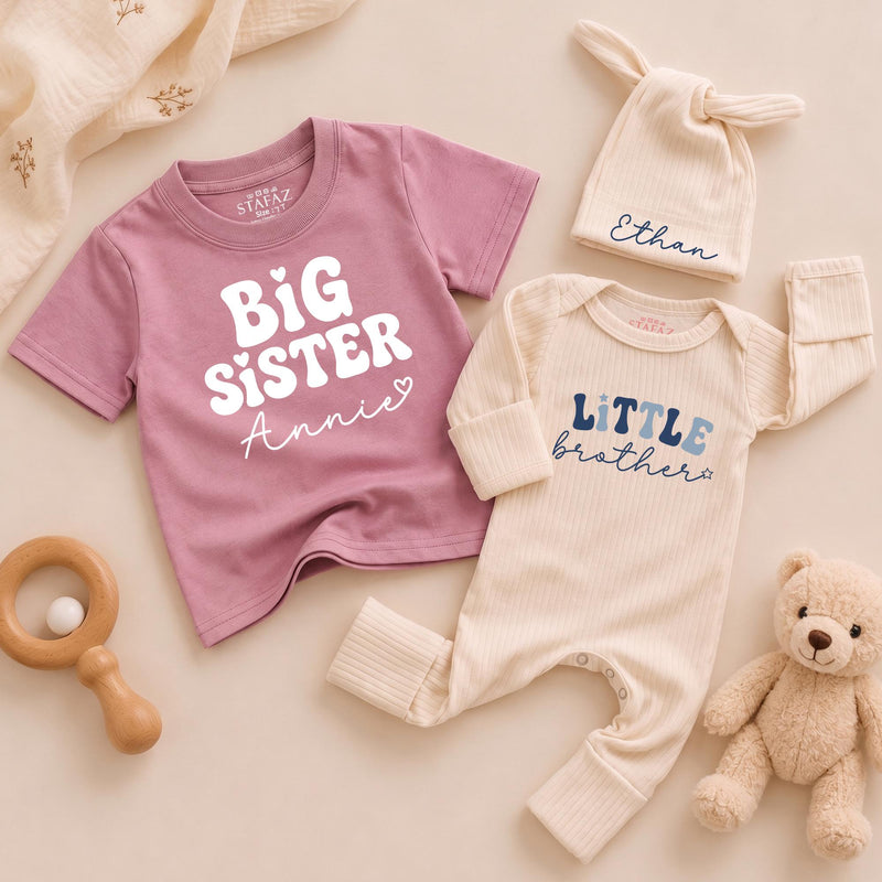 Big Sister Little Brother Matching Outfits Personalized Name Shirts for Baby Toddler Girl Boy Birthday Soft Cotton Family Gift