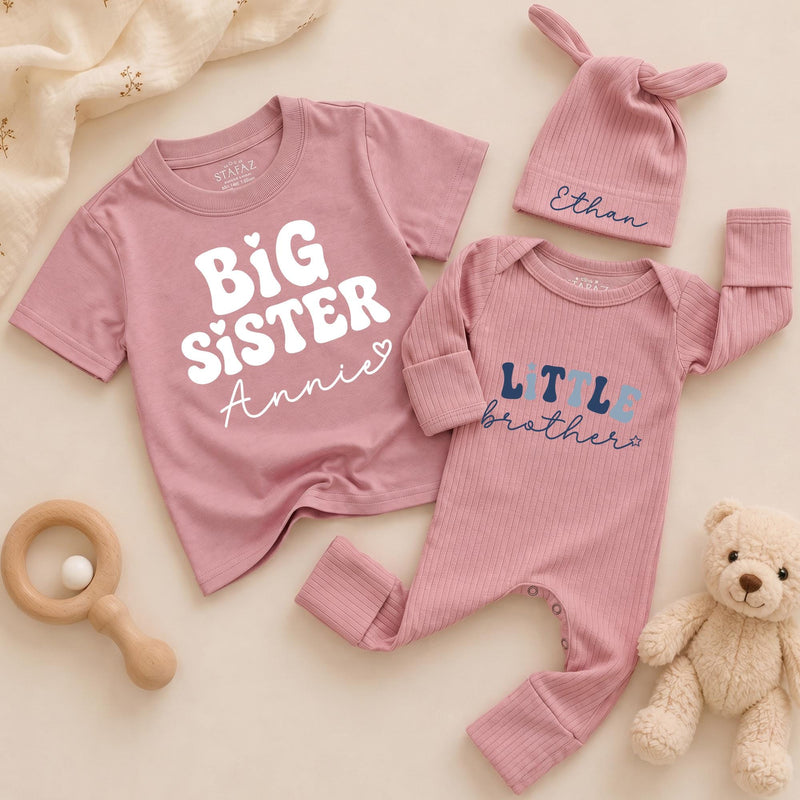 Big Sister Little Brother Matching Outfits Personalized Name Shirts for Baby Toddler Girl Boy Birthday Soft Cotton Family Gift