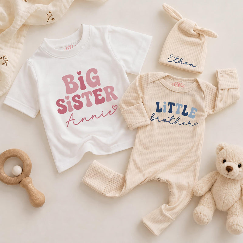 Big Sister Little Brother Matching Outfits Personalized Name Shirts for Baby Toddler Girl Boy Birthday Soft Cotton Family Gift