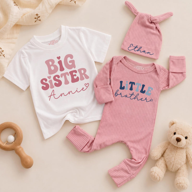 Big Sister Little Brother Matching Outfits Personalized Name Shirts for Baby Toddler Girl Boy Birthday Soft Cotton Family Gift