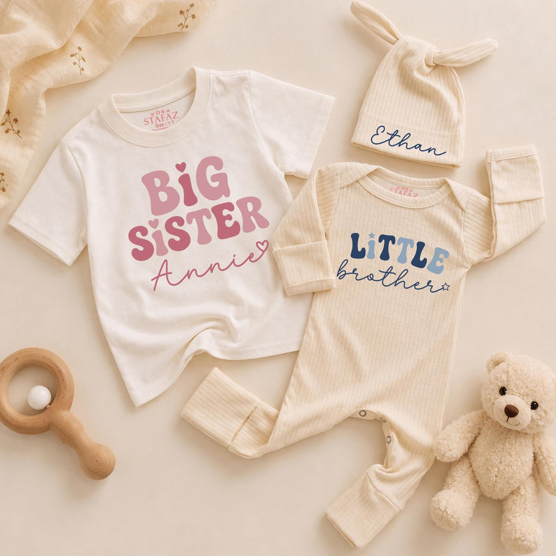 Big Sister Little Brother Matching Outfits Personalized Name Shirts for Baby Toddler Girl Boy Birthday Soft Cotton Family Gift