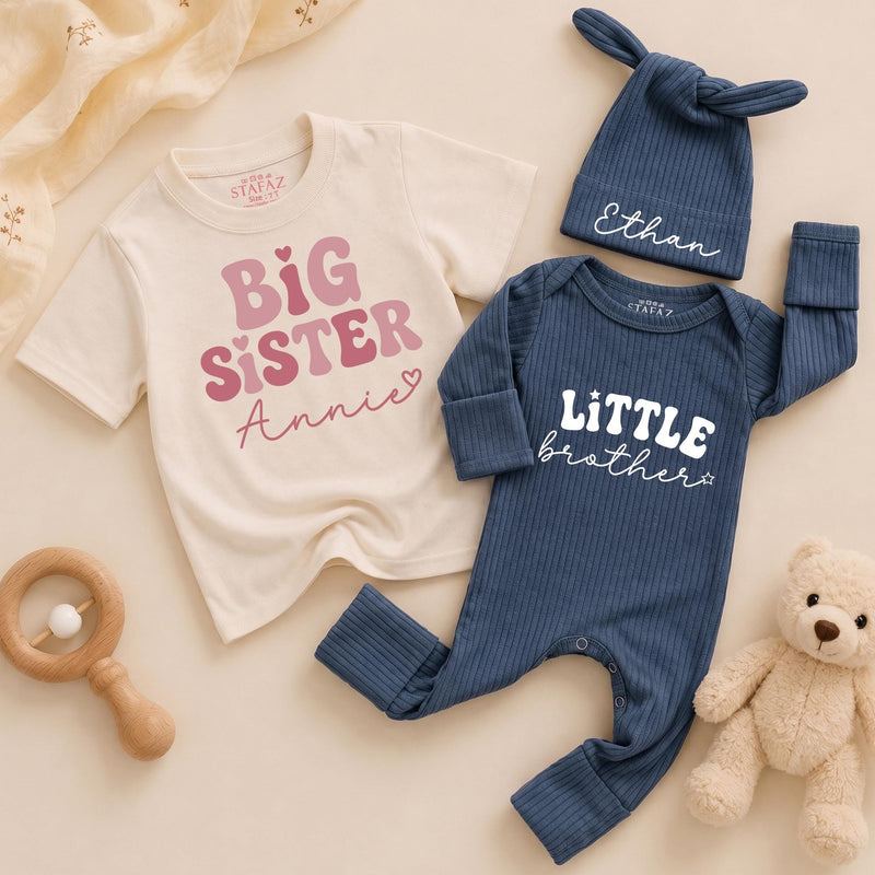 Big Sister Little Brother Matching Outfits Personalized Name Shirts for Baby Toddler Girl Boy Birthday Soft Cotton Family Gift