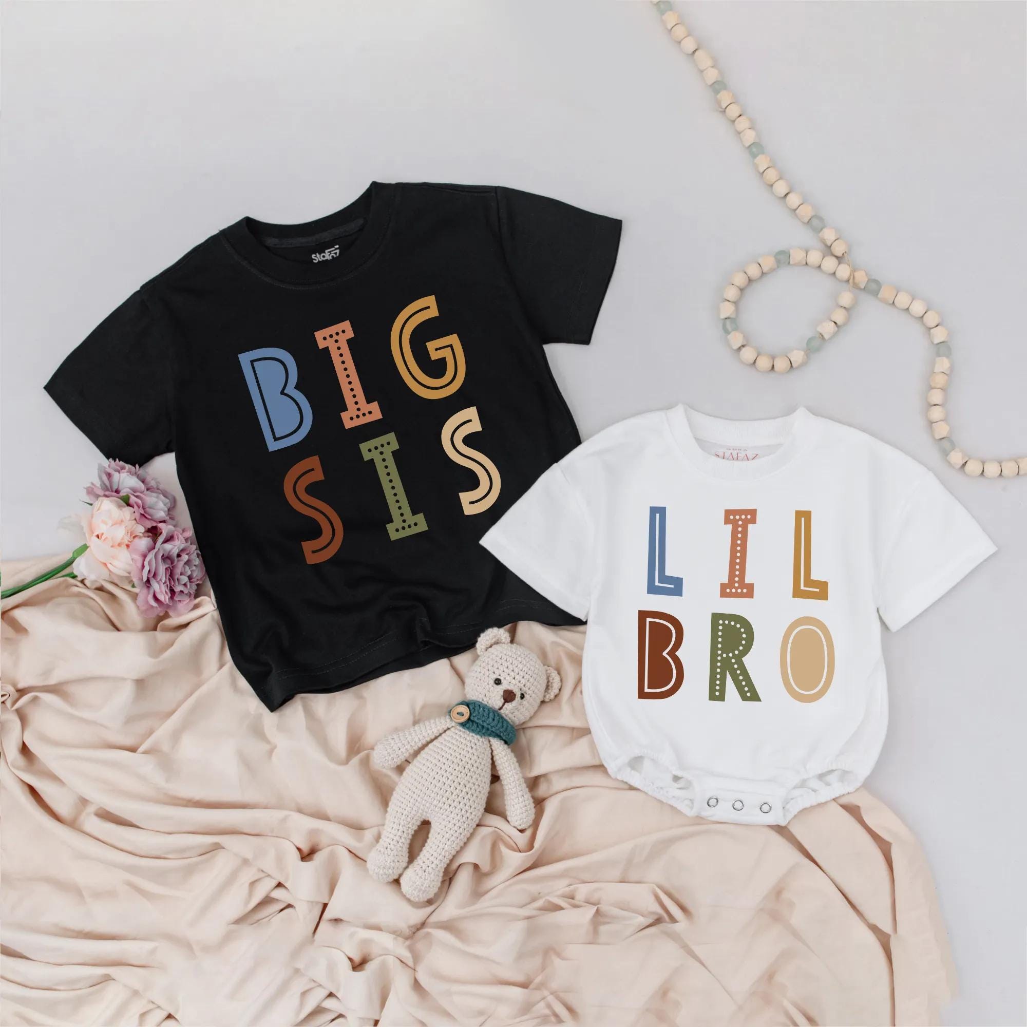 Big Sister and Little Brother Matching Shirts Modern Boho Design Gender Neutral Sibling Gift Earthy Colors Toddler Baby Shower Outfit