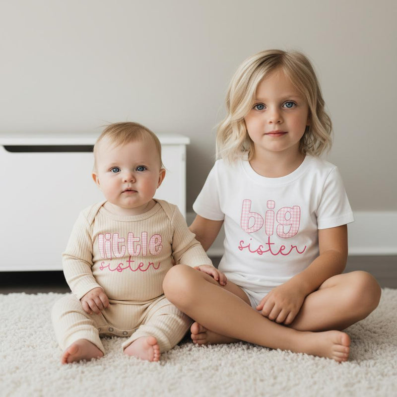 Big Sister Little Sister Matching Outfit with Name, Pink Gingham Baby and Toddler Clothes, Personalized Newborn Gift for Girls
