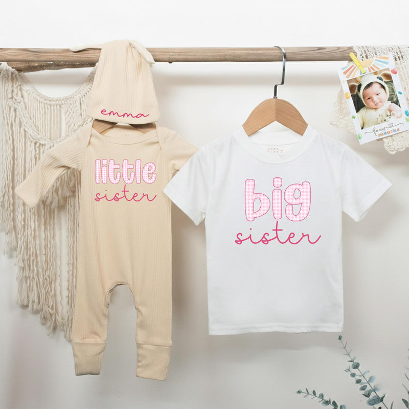Big Sister Little Sister Matching Outfit with Name, Pink Gingham Baby and Toddler Clothes, Personalized Newborn Gift for Girls