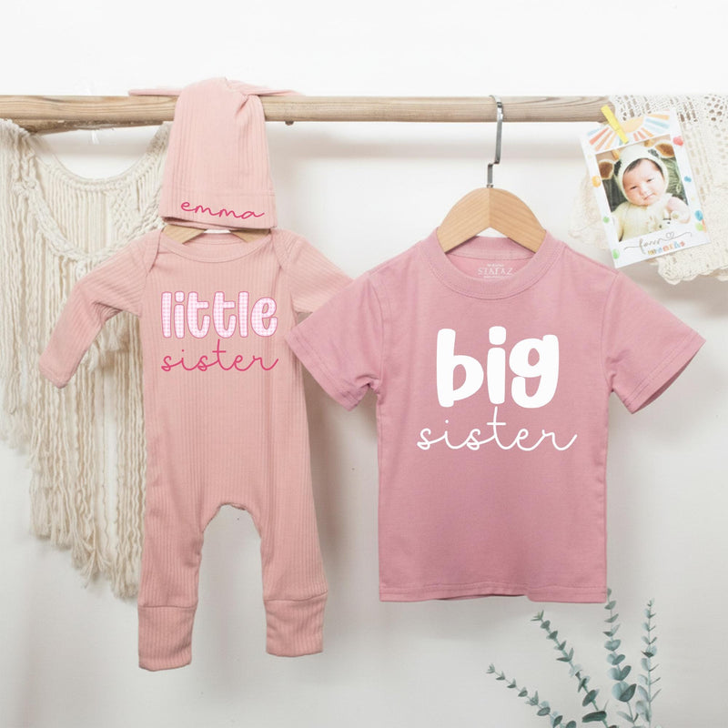 Big Sister Little Sister Matching Outfit with Name, Pink Gingham Baby and Toddler Clothes, Personalized Newborn Gift for Girls