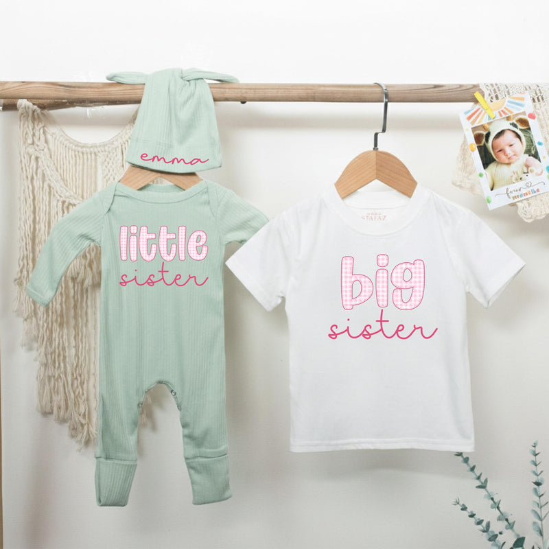 Big Sister Little Sister Matching Outfit with Name, Pink Gingham Baby and Toddler Clothes, Personalized Newborn Gift for Girls