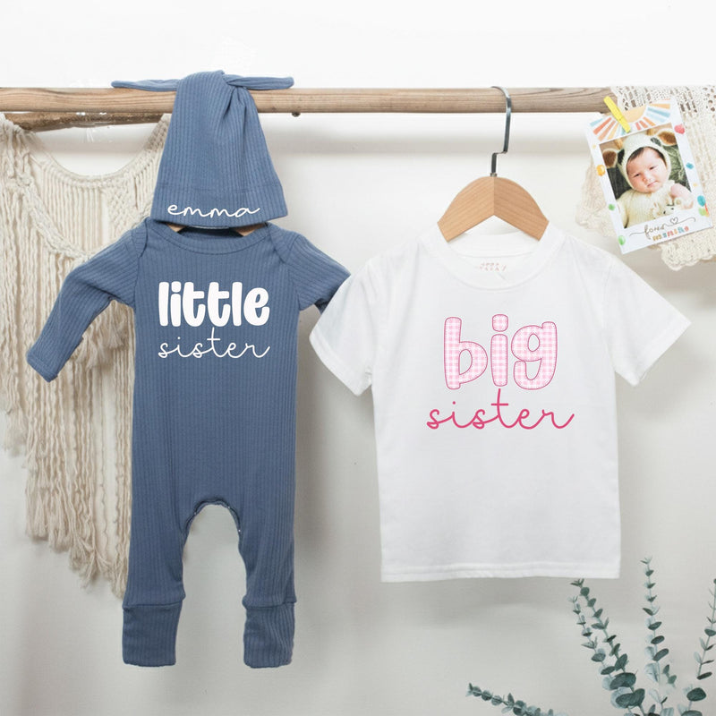 Big Sister Little Sister Matching Outfit with Name, Pink Gingham Baby and Toddler Clothes, Personalized Newborn Gift for Girls