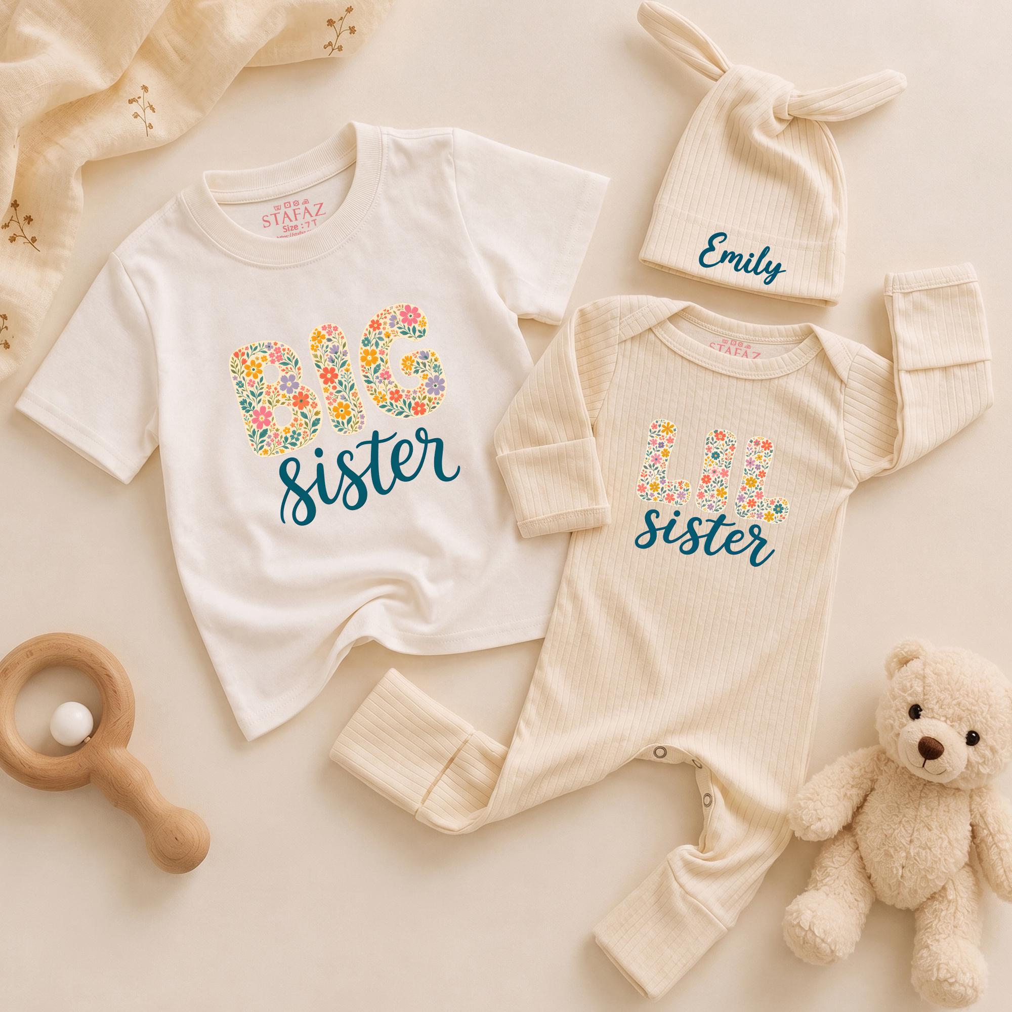 Big Sister Little Sister Matching Outfits with Floral Print, Custom Name Baby Bodysuit and Hat Set, Sibling Gift for Girls