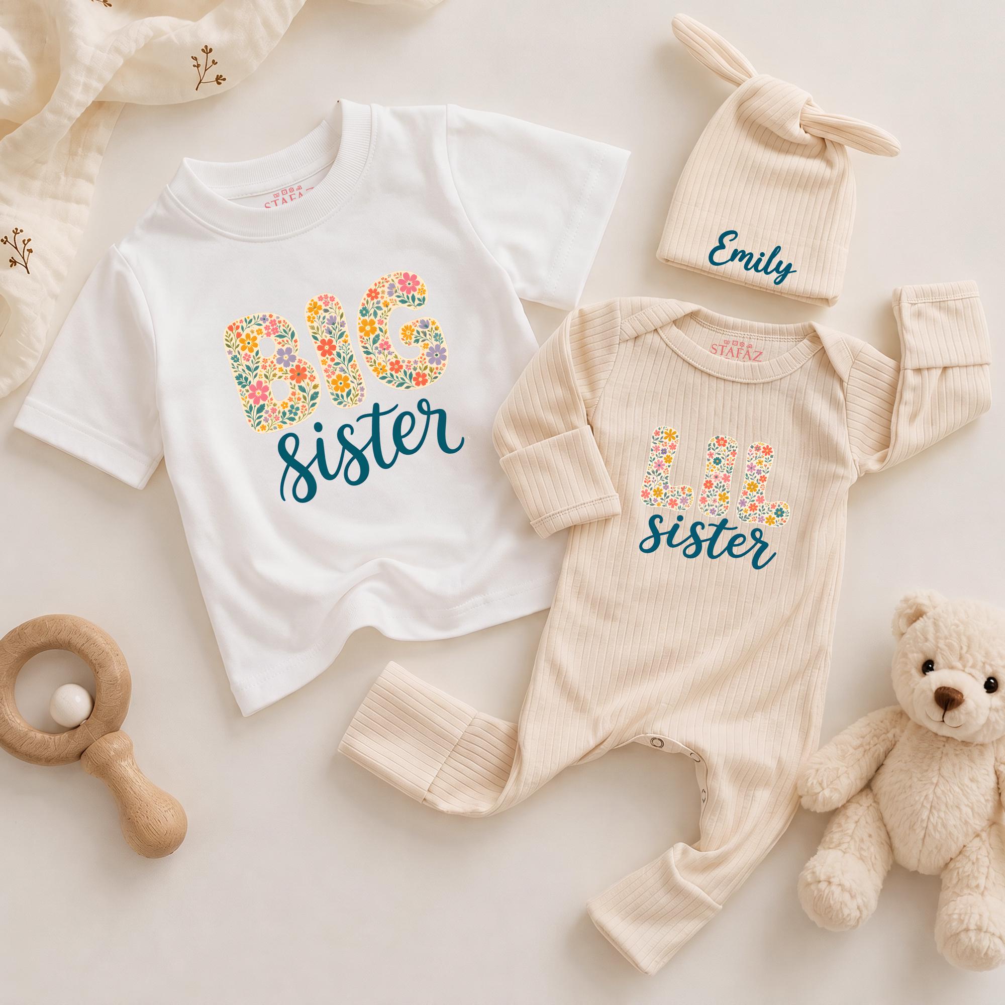 Big Sister Little Sister Matching Outfits with Floral Print, Custom Name Baby Bodysuit and Hat Set, Sibling Gift for Girls