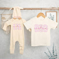 Custom Big Sister Little Sister Matching Outfits with Pink Script Artwork, Baby Girl Romper and Toddler T-Shirt, Soft Cotton Family Set