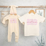 Custom Big Sister Little Sister Matching Outfits with Pink Script Artwork, Baby Girl Romper and Toddler T-Shirt, Soft Cotton Family Set