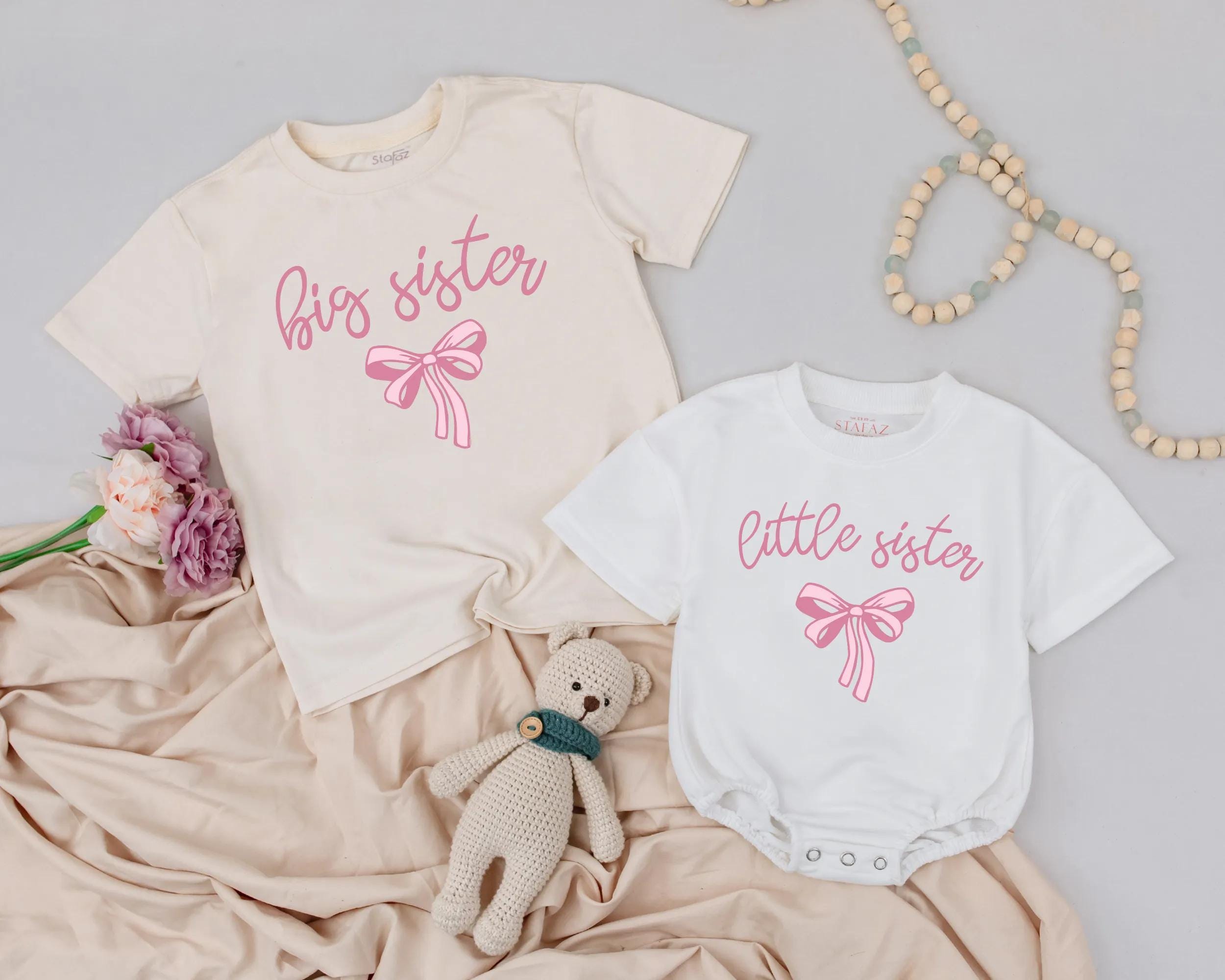 Big Sister Little Sister Matching Outfits with Pink Bow Design Soft Cotton Toddler Baby Girl Clothes Gift for Newborn Sister Announcement