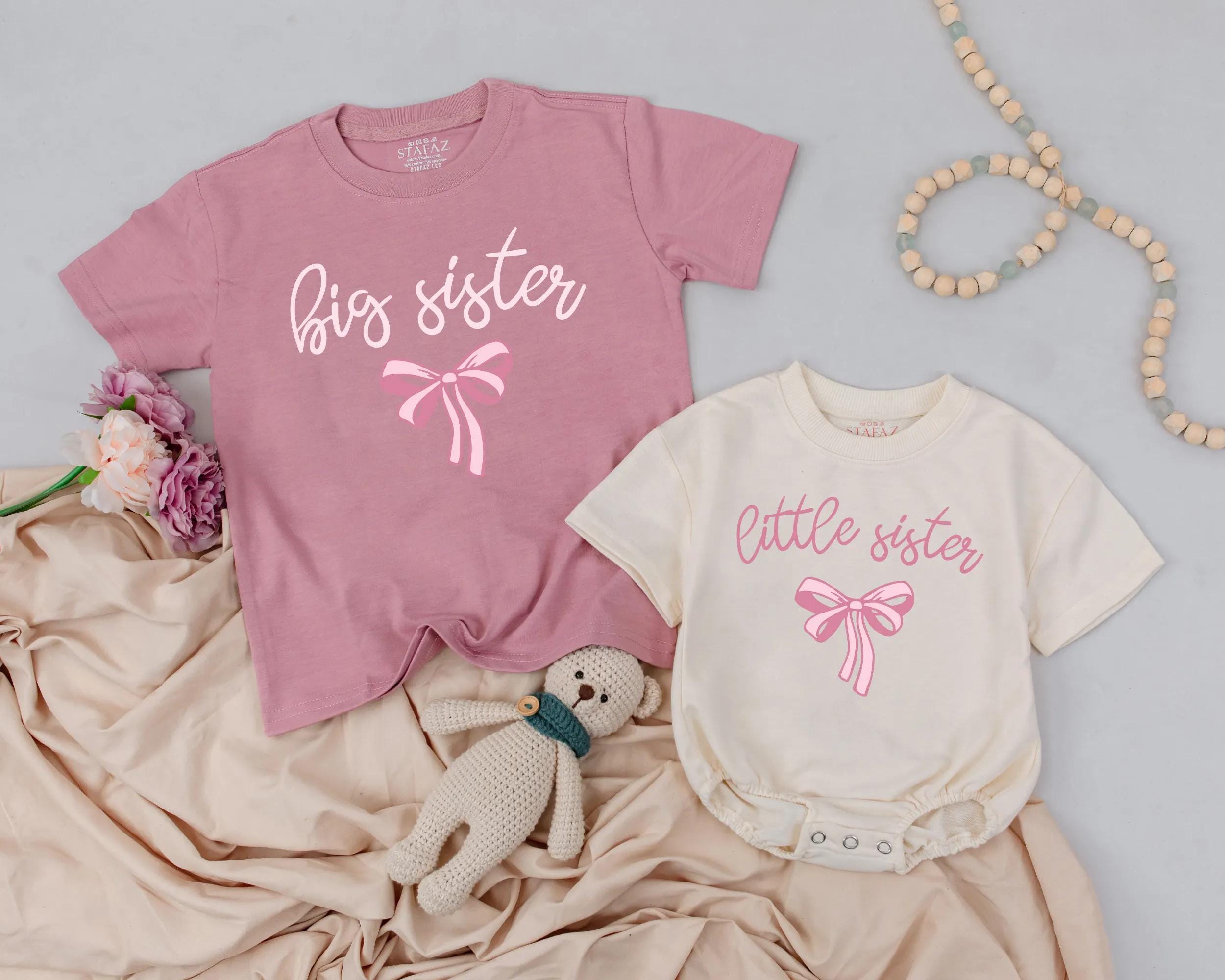 Big Sister Little Sister Matching Outfits with Pink Bow Design Soft Cotton Toddler Baby Girl Clothes Gift for Newborn Sister Announcement