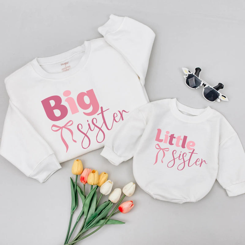 Big Sister Little Sister Matching Pink Shirts with Bow Design Soft Cotton Coquette Style Big Sis Lil Sis Outfit Baby Announcement Gift