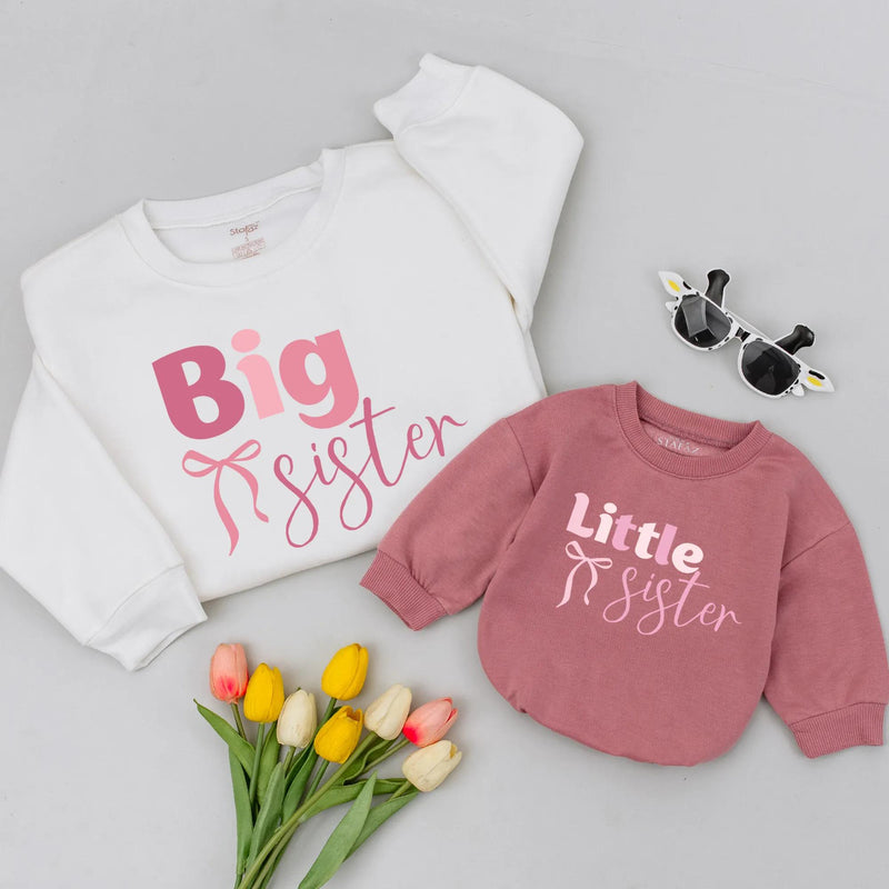 Big Sister Little Sister Matching Pink Shirts with Bow Design Soft Cotton Coquette Style Big Sis Lil Sis Outfit Baby Announcement Gift
