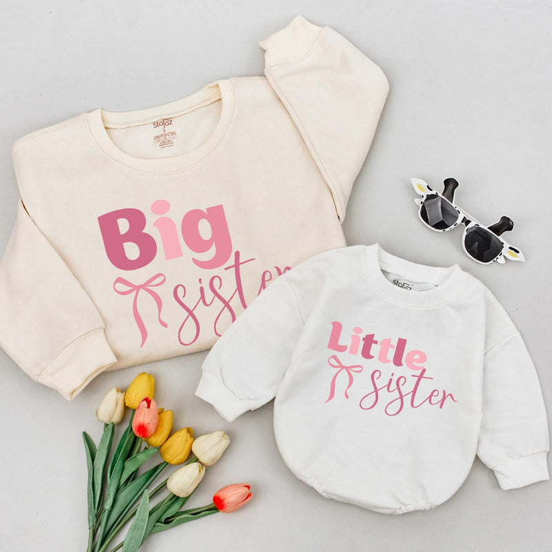 Big Sister Little Sister Matching Pink Shirts with Bow Design Soft Cotton Coquette Style Big Sis Lil Sis Outfit Baby Announcement Gift