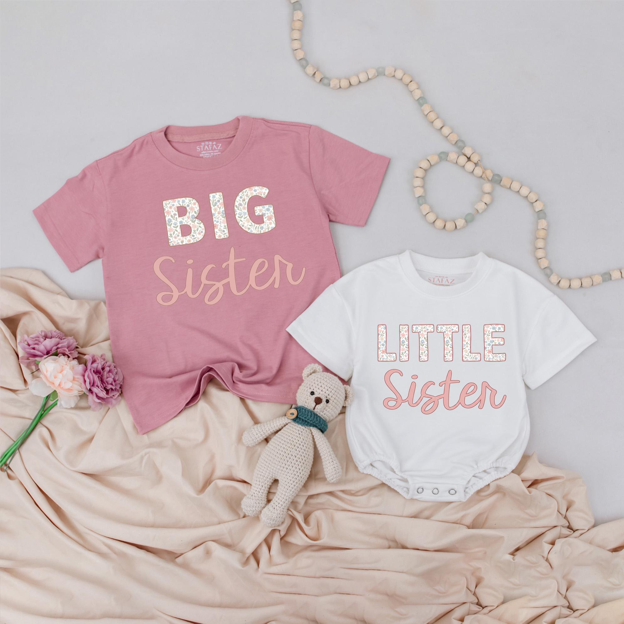 Big Sister Little Sister Shirts with Floral Lettering, Matching Sibling Outfits, Custom Names for Baby Announcement Photos