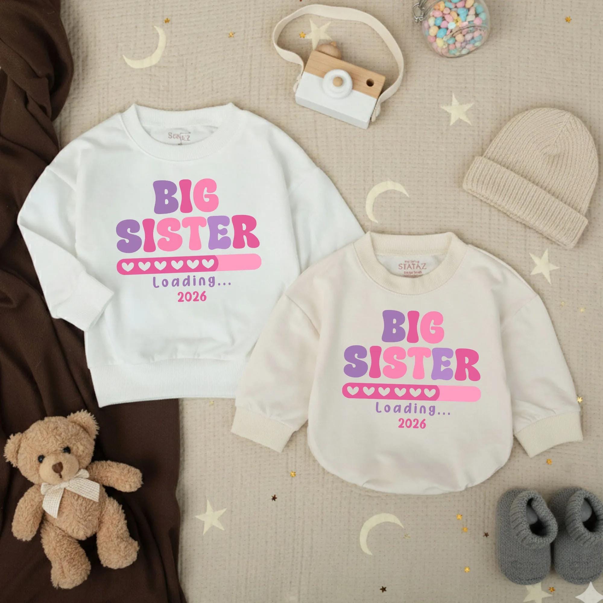 Big Sister Loading Toddler Sweatshirt Cute 2026 Pregnancy Reveal Outfit Bubble Font Purple Pink Hearts Gift for Girls Sibling Announcement
