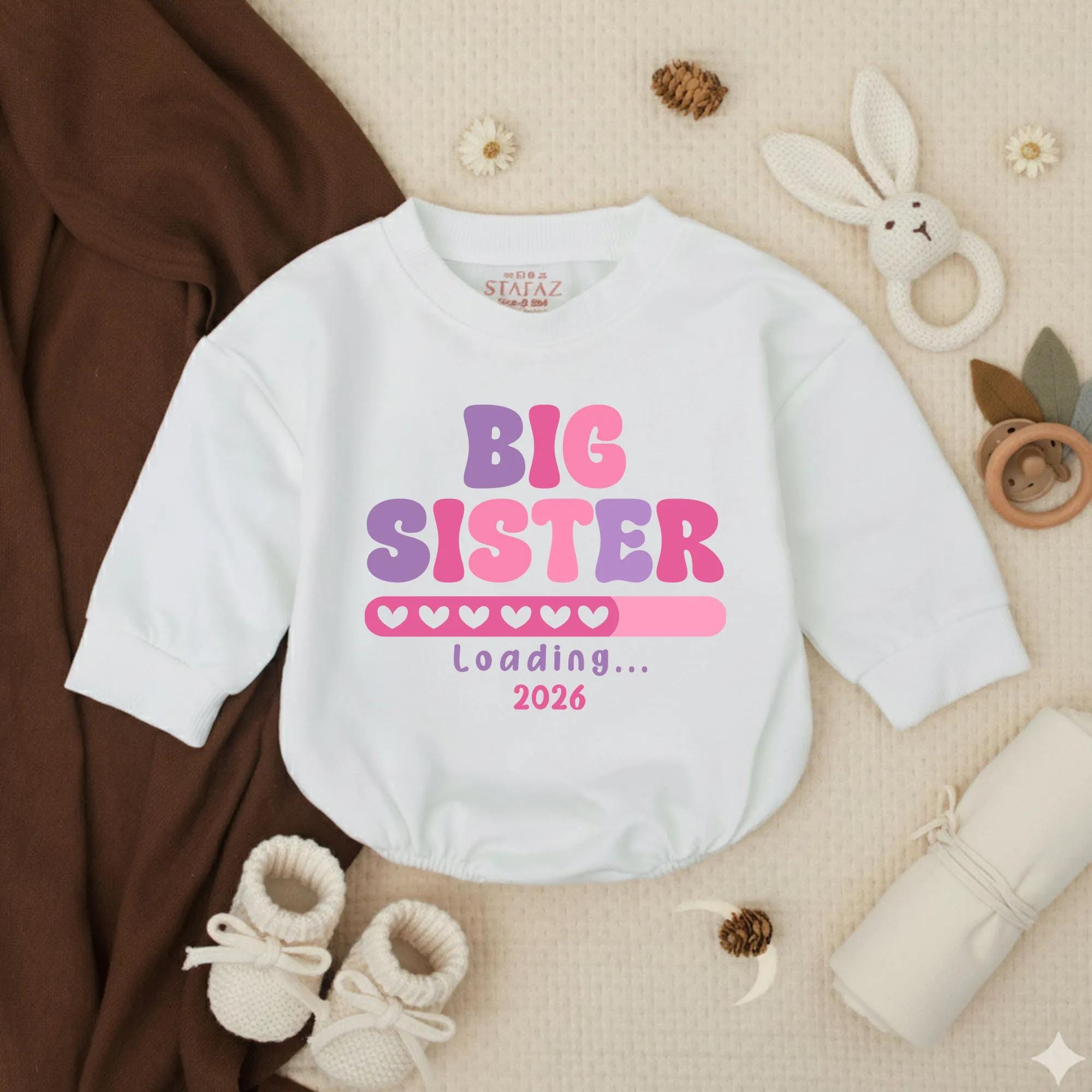 Big Sister Loading Toddler Sweatshirt Cute 2026 Pregnancy Reveal Outfit Bubble Font Purple Pink Hearts Gift for Girls Sibling Announcement
