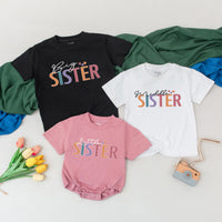 Big Sister Matching Family Shirts with Rainbow Lettering, Custom Baby, Toddler, and Kids Cotton Tee for Sibling Reveal or Baby Shower Gift