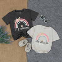 Big Sister Rainbow Bubble Romper and T-Shirt Boho Floral Toddler Baby Girl Outfit Cotton Summer Clothes Gift for Kids Birthday