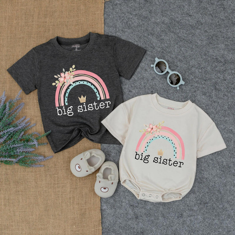 Big Sister Rainbow Bubble Romper and T-Shirt Boho Floral Toddler Baby Girl Outfit Cotton Summer Clothes Gift for Kids Birthday