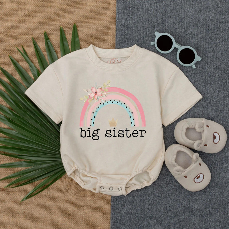 Big Sister Rainbow Bubble Romper and T-Shirt Boho Floral Toddler Baby Girl Outfit Cotton Summer Clothes Gift for Kids Birthday