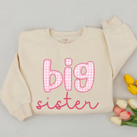 Big Sister Sweatshirt & Little Sister Baby Romper Set with Pink Gingham Print, Custom Matching Family Outfits for Siblings, Soft Cotton