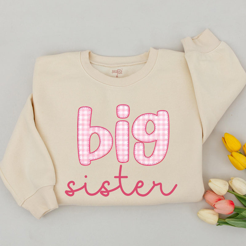 Big Sister Sweatshirt & Little Sister Baby Romper Set with Pink Gingham Print, Custom Matching Family Outfits for Siblings, Soft Cotton