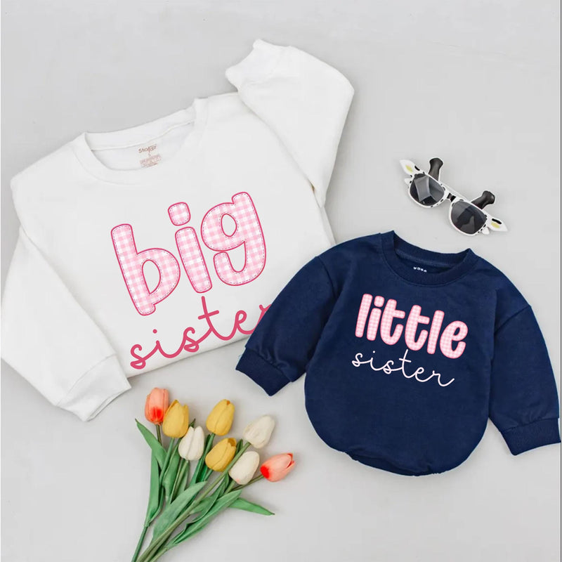 Big Sister Sweatshirt & Little Sister Baby Romper Set with Pink Gingham Print, Custom Matching Family Outfits for Siblings, Soft Cotton