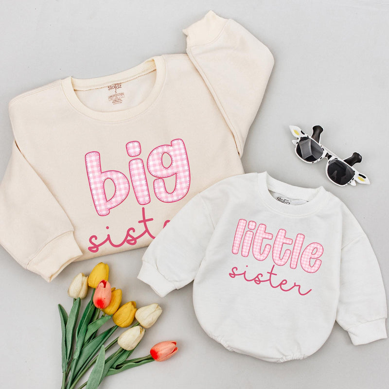 Big Sister Sweatshirt & Little Sister Baby Romper Set with Pink Gingham Print, Custom Matching Family Outfits for Siblings, Soft Cotton