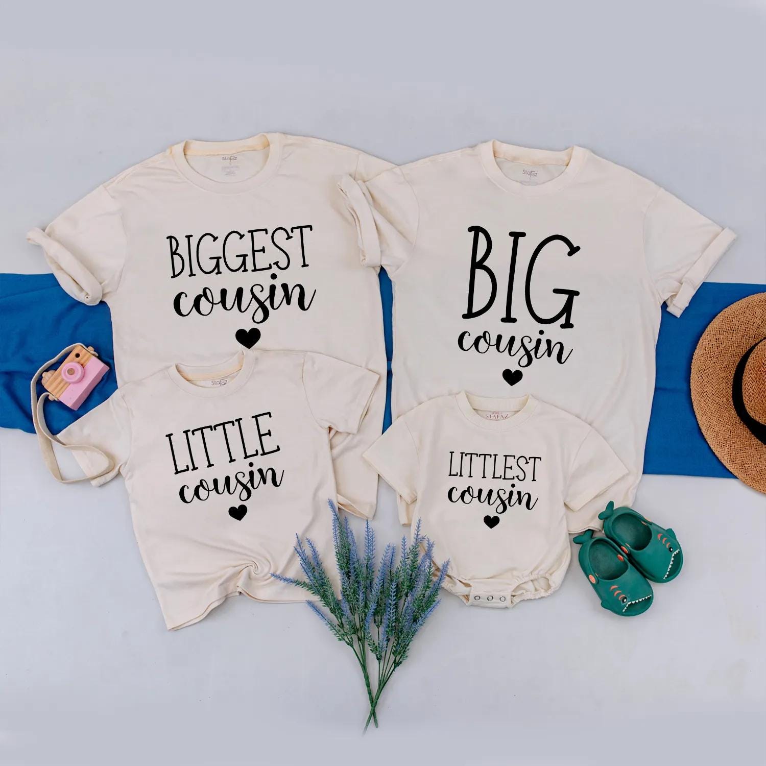 Biggest Cousin, Big Cousin, Little Cousin, Littlest Cousin Matching Shirts with Heart Design, Family Outfits for New Baby Announcement