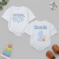 Birthday Boy First Birthday Outfit Personalized Baby Romper with Name Daniel 1st Birthday Shirt Gingham Pattern Blue Cartoon Design