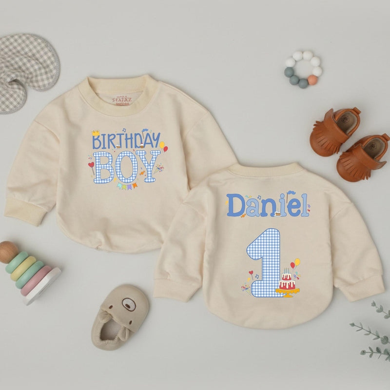 Birthday Boy First Birthday Outfit Personalized Baby Romper with Name Daniel 1st Birthday Shirt Gingham Pattern Blue Cartoon Design