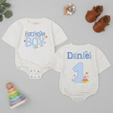 Birthday Boy First Birthday Outfit Personalized Baby Romper with Name Daniel 1st Birthday Shirt Gingham Pattern Blue Cartoon Design