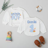 Birthday Boy First Birthday Outfit Personalized Baby Romper with Name Daniel 1st Birthday Shirt Gingham Pattern Blue Cartoon Design