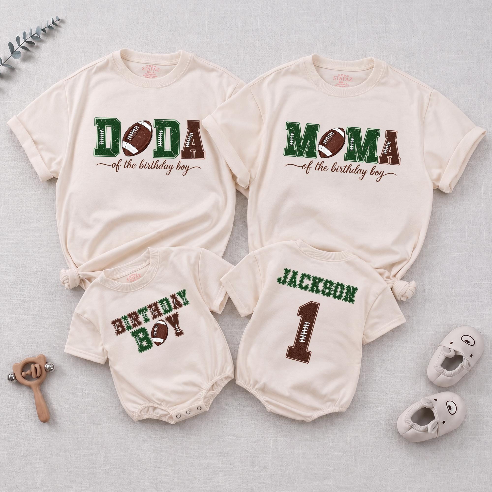Birthday Boy Football Family Matching Shirts & Baby Romper with Custom Name, Milestone Celebration Outfit for Parents & Kids