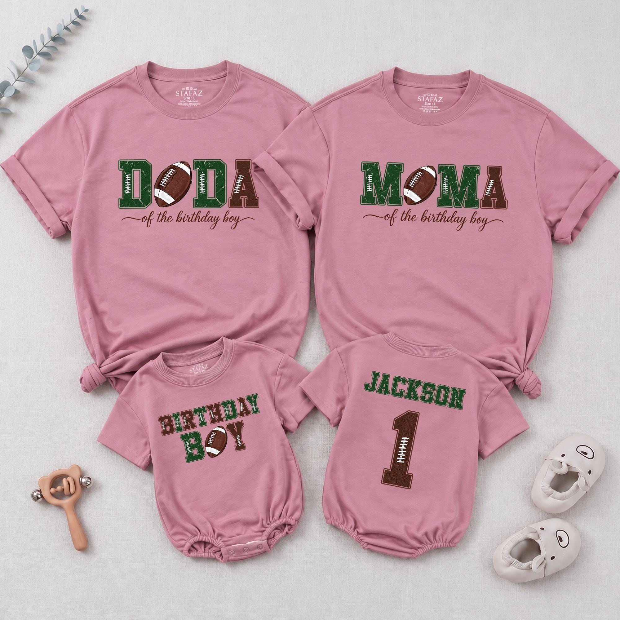 Birthday Boy Football Family Matching Shirts & Baby Romper with Custom Name, Milestone Celebration Outfit for Parents & Kids