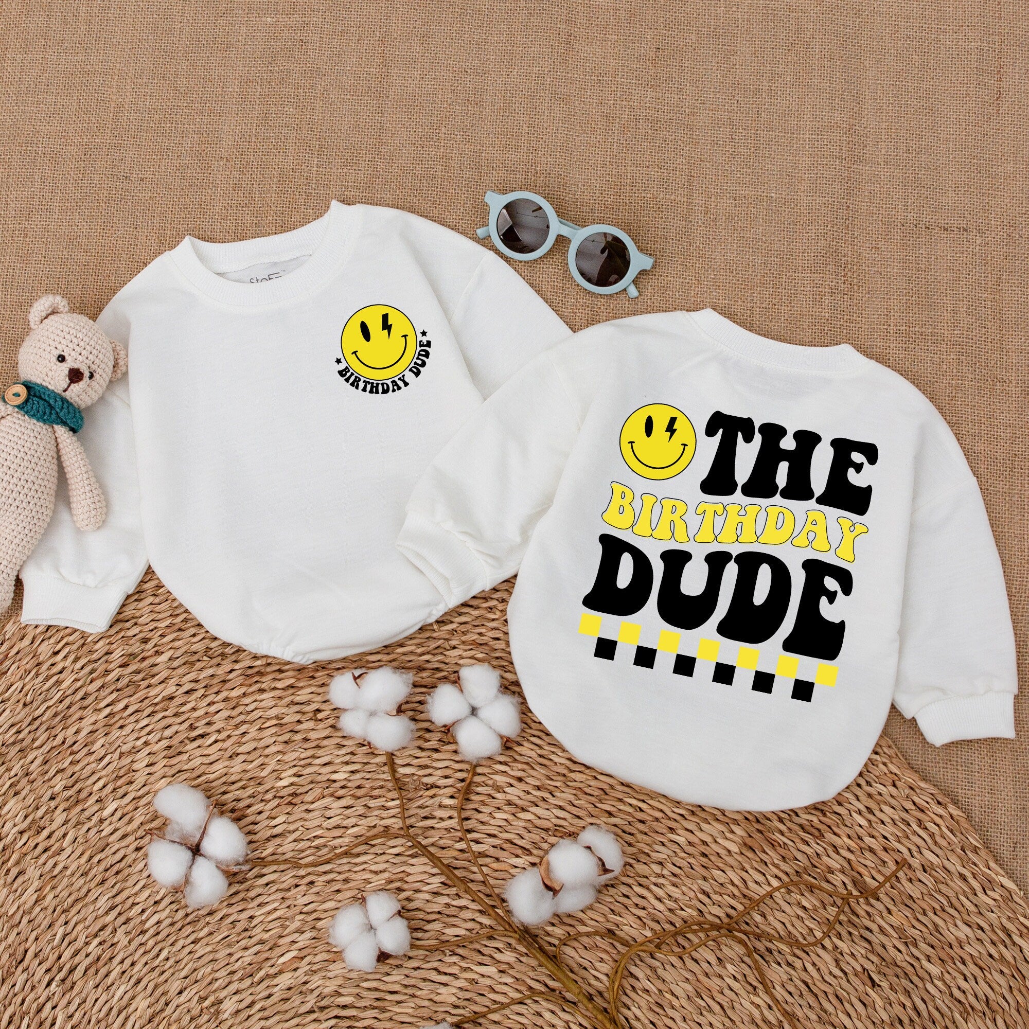 The Birthday Dude Romper Baby Boy Smiley Face Outfit Fun Checkered Pattern Party Clothes Comfortable Gift Holiday Celebration