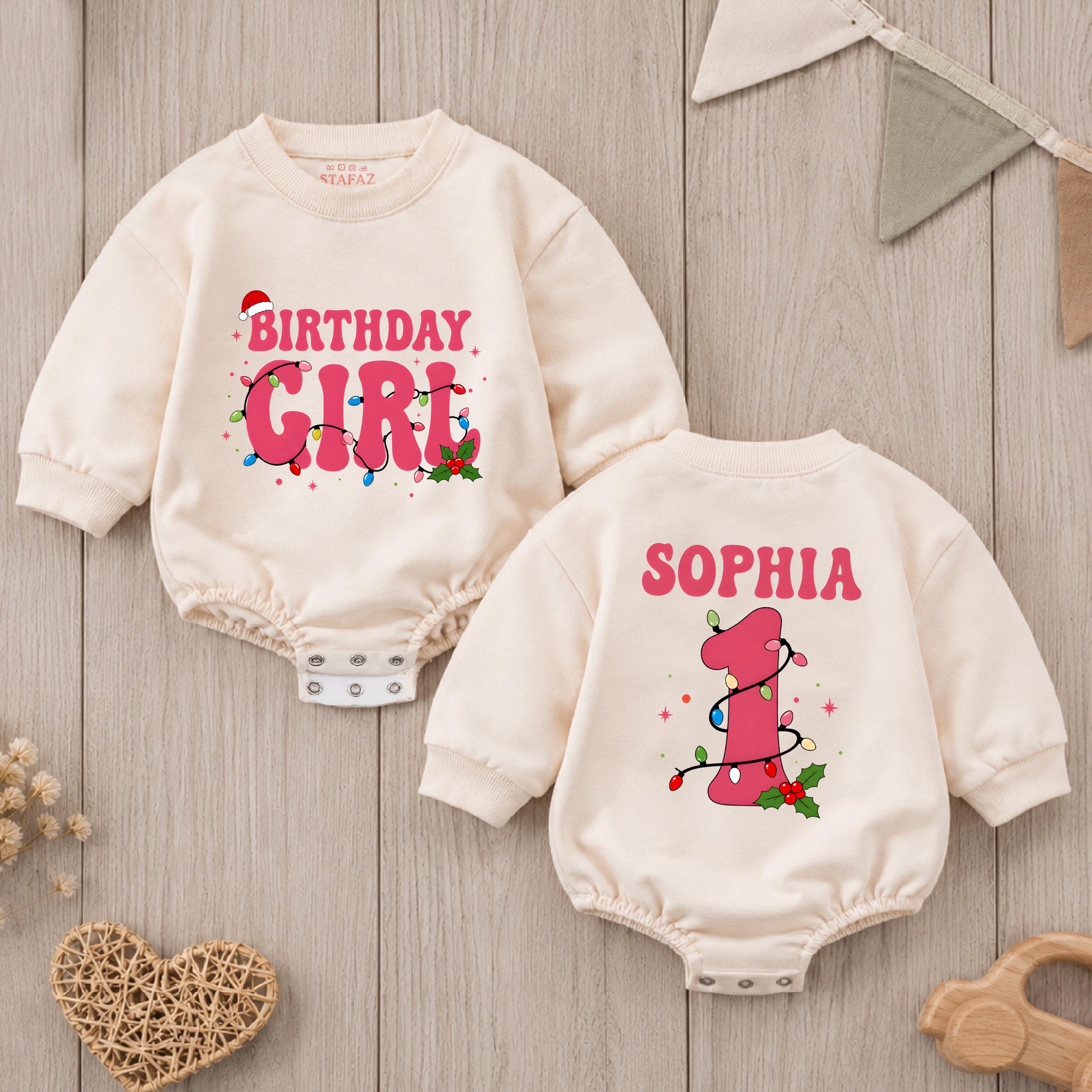 Birthday Girl Christmas Baby Romper with Festive Lights & Custom Name, Holiday First Birthday Outfit for Girls