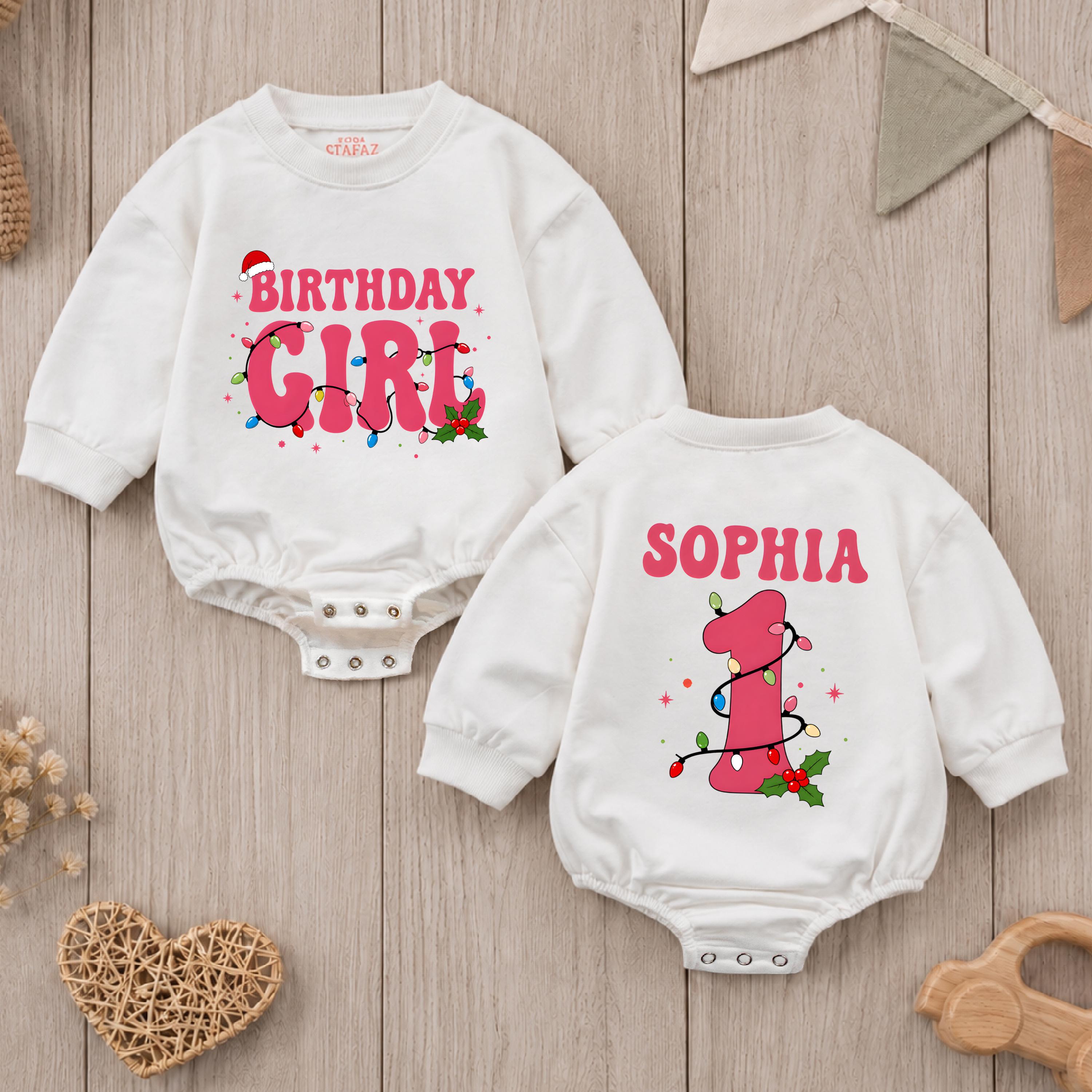 Birthday Girl Christmas Baby Romper with Festive Lights & Custom Name, Holiday First Birthday Outfit for Girls