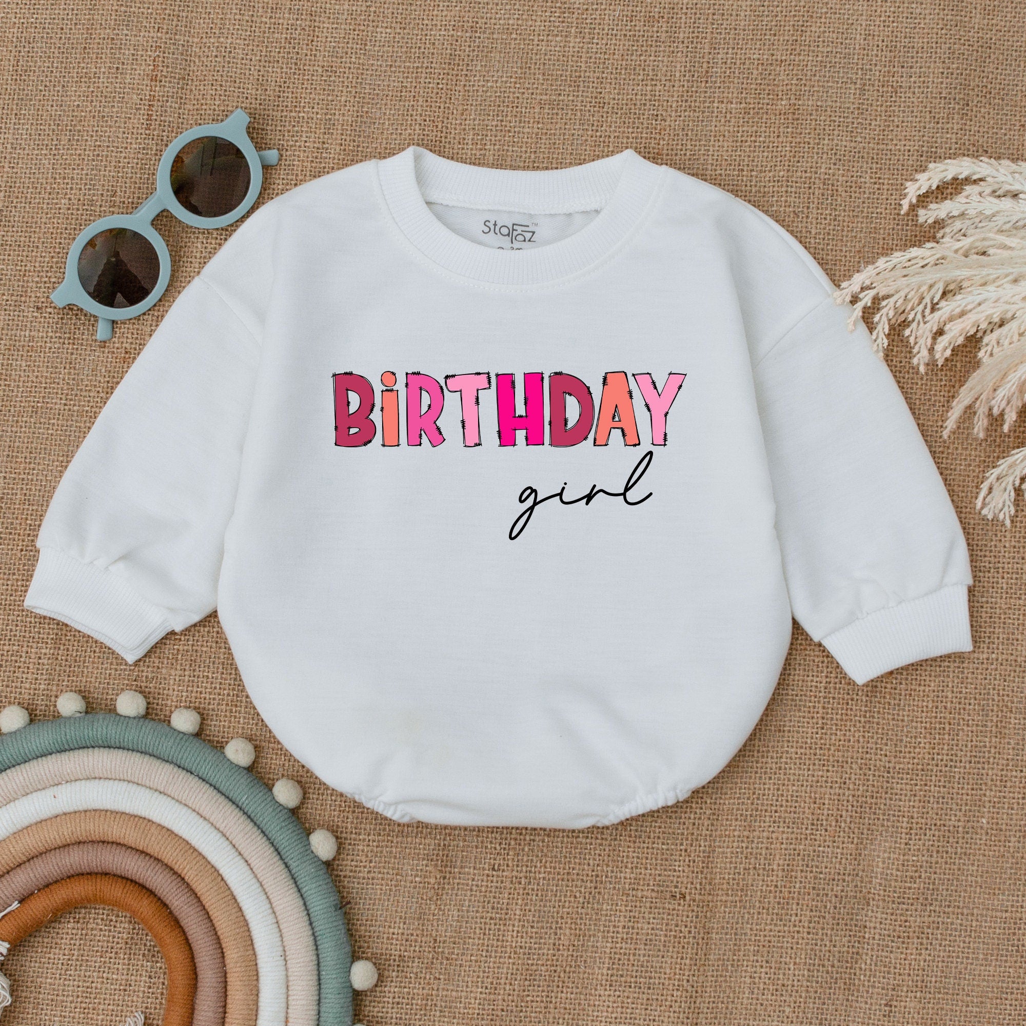 Birthday Girl Pink Bubble Romper Baby Outfit Retro Style Newborn Clothes Soft Cotton Celebration Bodysuit Playful Party Design
