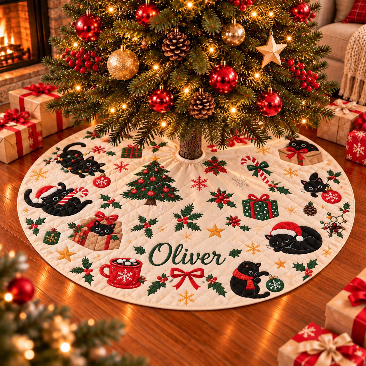 Black Cat Christmas Tree Skirt with Festive Holiday Design, Cute Kitten and Gift Motifs, Custom Name Decoration for Cat Lovers
