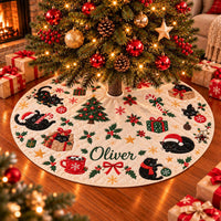 Black Cat Christmas Tree Skirt with Festive Holiday Design, Cute Kitten and Gift Motifs, Custom Name Decoration for Cat Lovers
