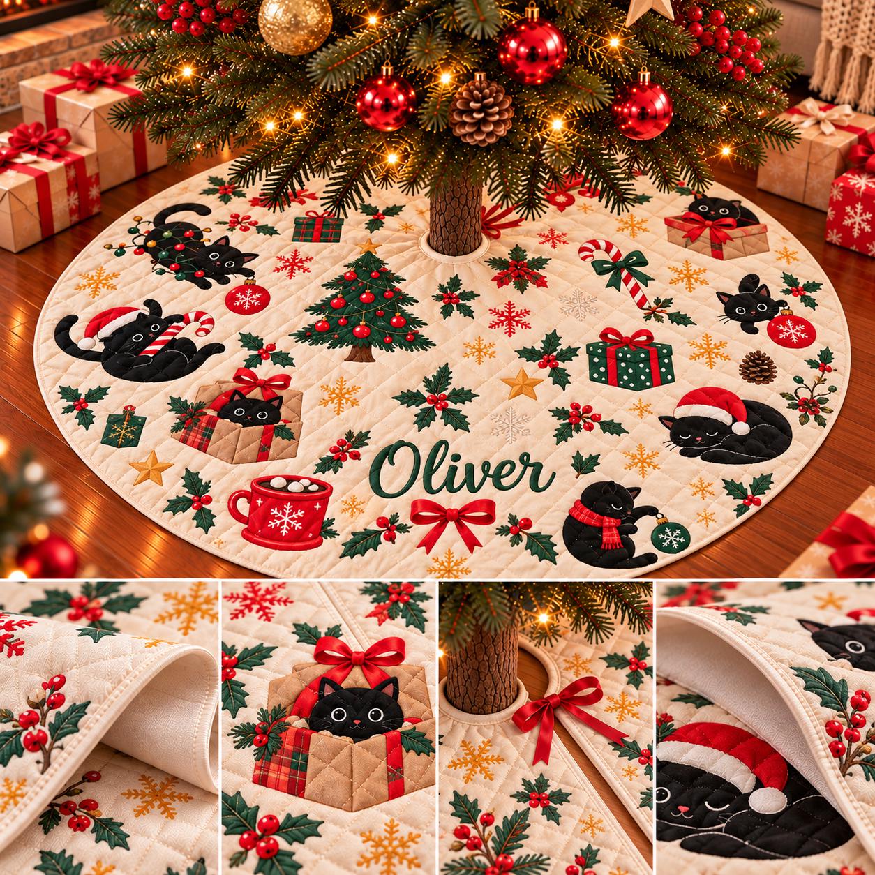 Black Cat Christmas Tree Skirt with Festive Holiday Design, Cute Kitten and Gift Motifs, Custom Name Decoration for Cat Lovers