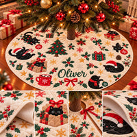 Black Cat Christmas Tree Skirt with Festive Holiday Design, Cute Kitten and Gift Motifs, Custom Name Decoration for Cat Lovers
