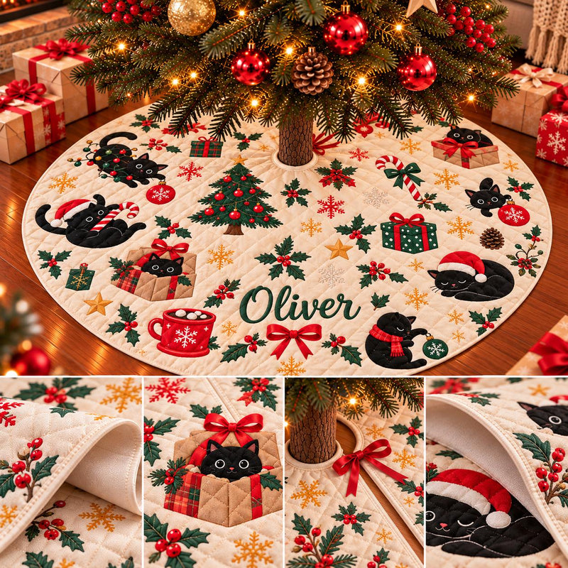 Black Cat Christmas Tree Skirt with Festive Holiday Design, Cute Kitten and Gift Motifs, Custom Name Decoration for Cat Lovers