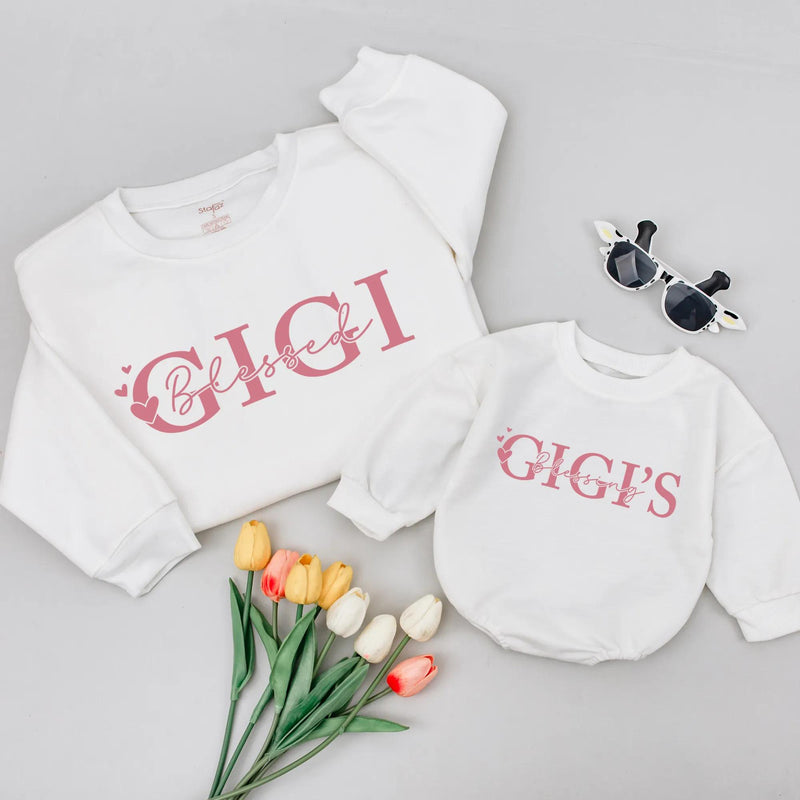 Blessed Gigi and Gigi's Blessing Matching Shirts for Grandma and Granddaughter, Dusty Rose and White Family Tees, Mother’s Day Gift Idea