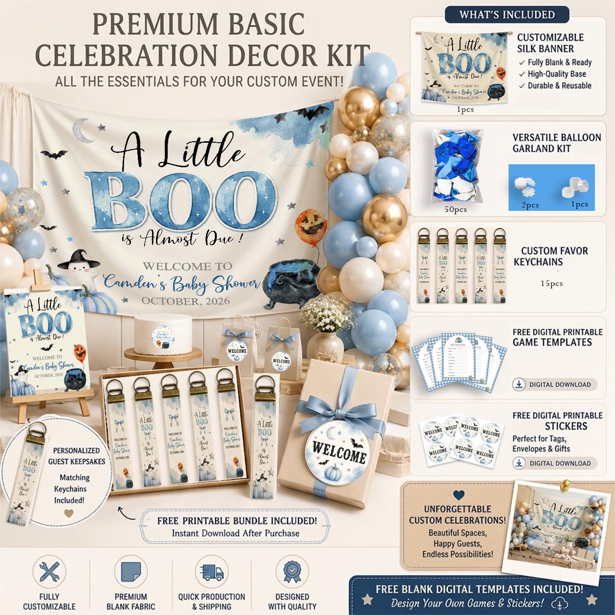 Blue Halloween Baby Shower Decor Kit with Little Boo Boy Banner Balloon Bundle, Custom Name and Date Party Favors for October Events